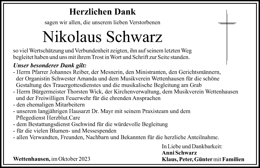 Traueranzeige von Nikolaus Schwarz von Günzburger Zeitung