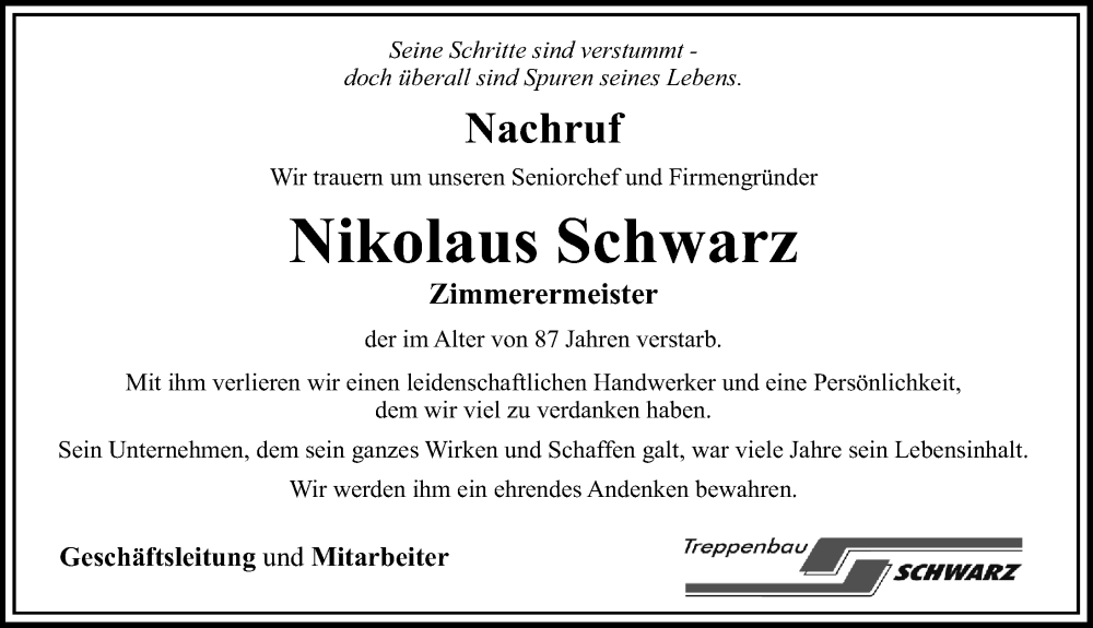 Traueranzeige von Nikolaus Schwarz von Günzburger Zeitung