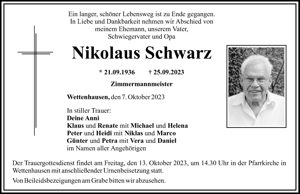 Traueranzeige von Nikolaus Schwarz von Günzburger Zeitung