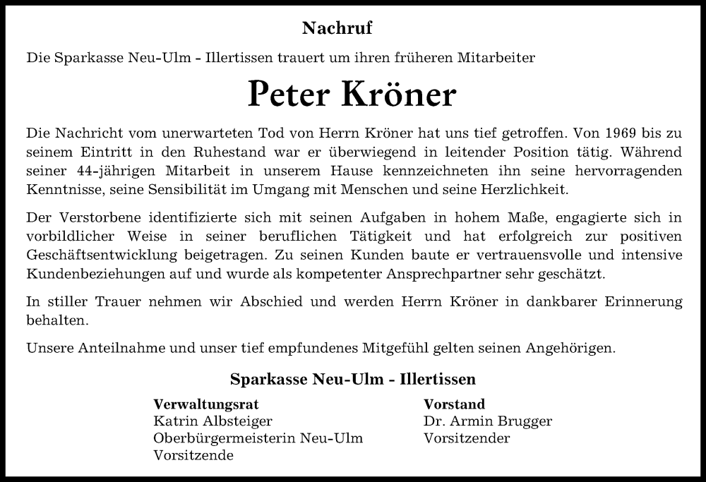 Traueranzeige von Peter Kröner von Neu-Ulmer Zeitung