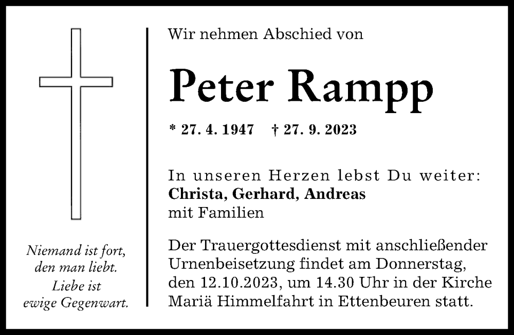 Traueranzeige von Peter Rampp von Günzburger Zeitung