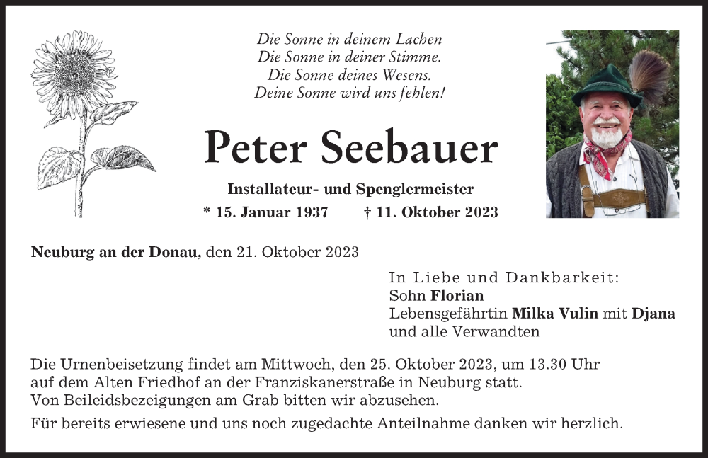 Traueranzeige von Peter Seebauer von Neuburger Rundschau