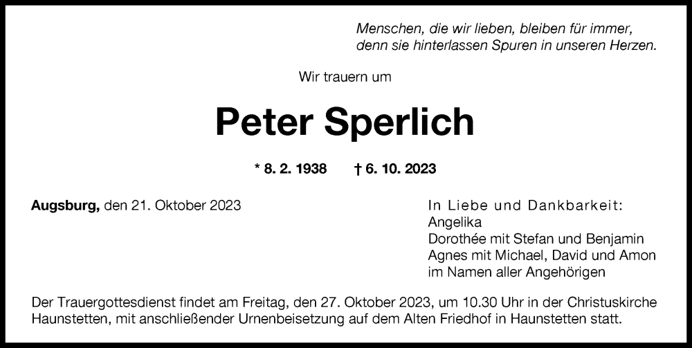 Traueranzeige von Peter Sperlich von Augsburger Allgemeine