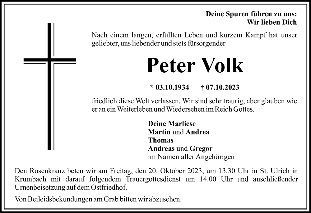 Traueranzeige von Peter Volk von Mittelschwäbische Nachrichten