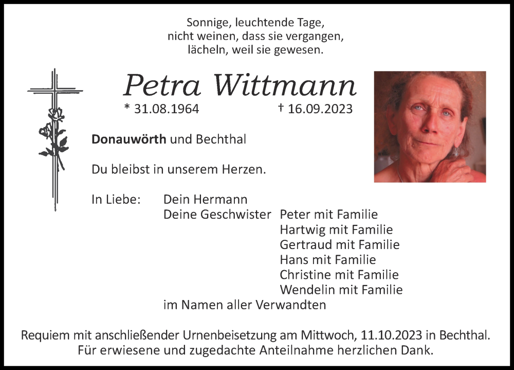 Traueranzeige von Petra Wittmann von Donauwörther Zeitung