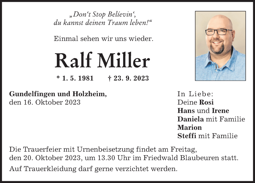  Traueranzeige für Ralf Miller vom 16.10.2023 aus Neu-Ulmer Zeitung, Donau Zeitung