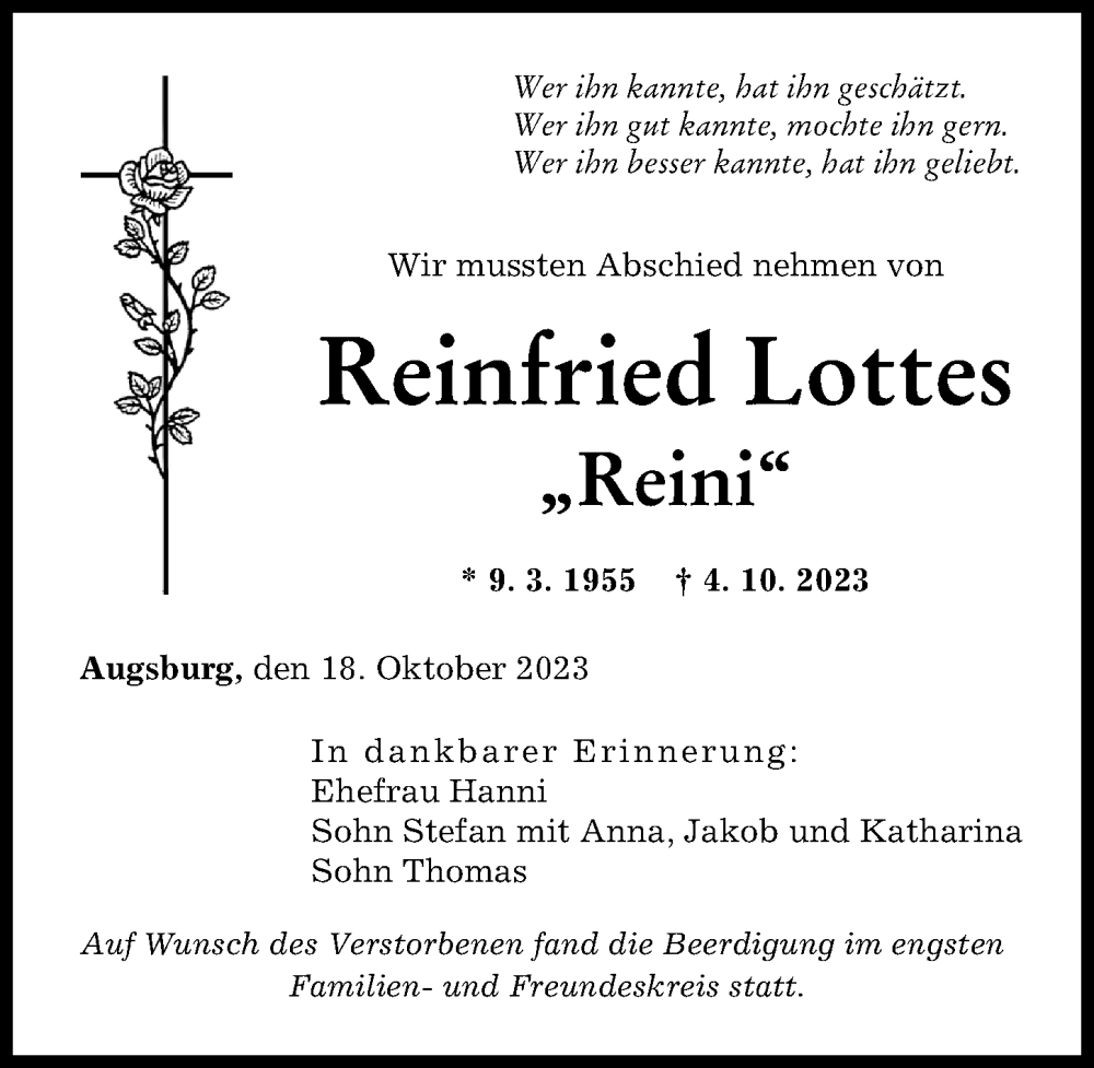 Traueranzeige von Reinfried Lottes von Augsburger Allgemeine