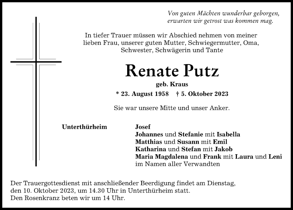  Traueranzeige für Renate Putz vom 07.10.2023 aus Wertinger Zeitung