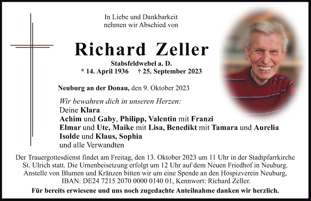 Traueranzeige von Richard Zeller von Neuburger Rundschau