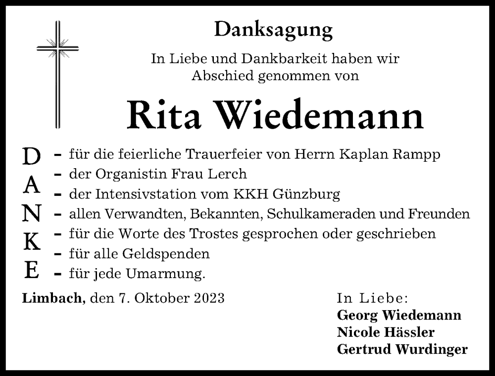  Traueranzeige für Rita Wiedemann vom 07.10.2023 aus Günzburger Zeitung