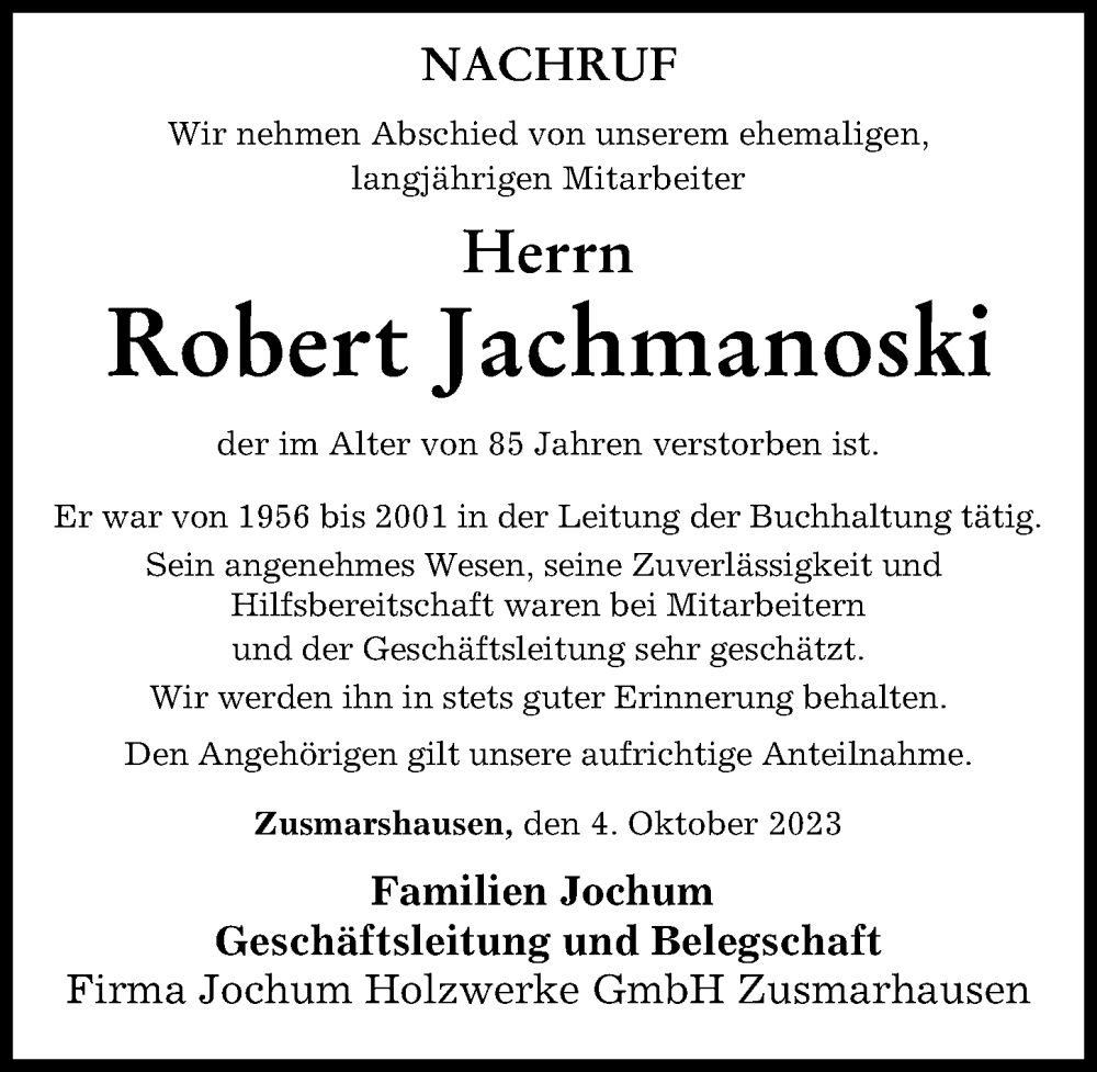  Traueranzeige für Robert Jachmanoski vom 04.10.2023 aus Augsburg-Land
