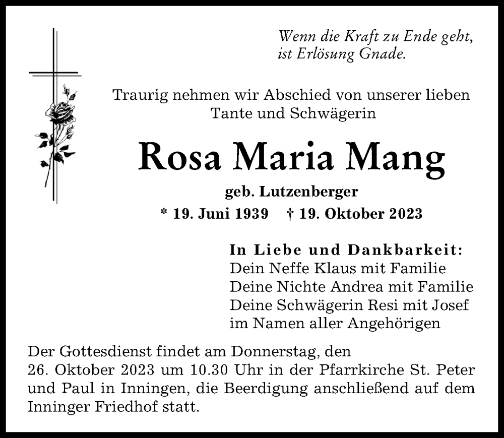 Traueranzeige von Rosa Maria Mang von Augsburger Allgemeine