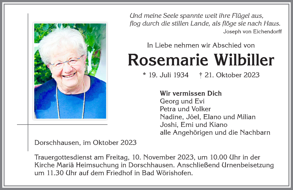 Traueranzeige von Rosemarie Wilbiller von Mindelheimer Zeitung