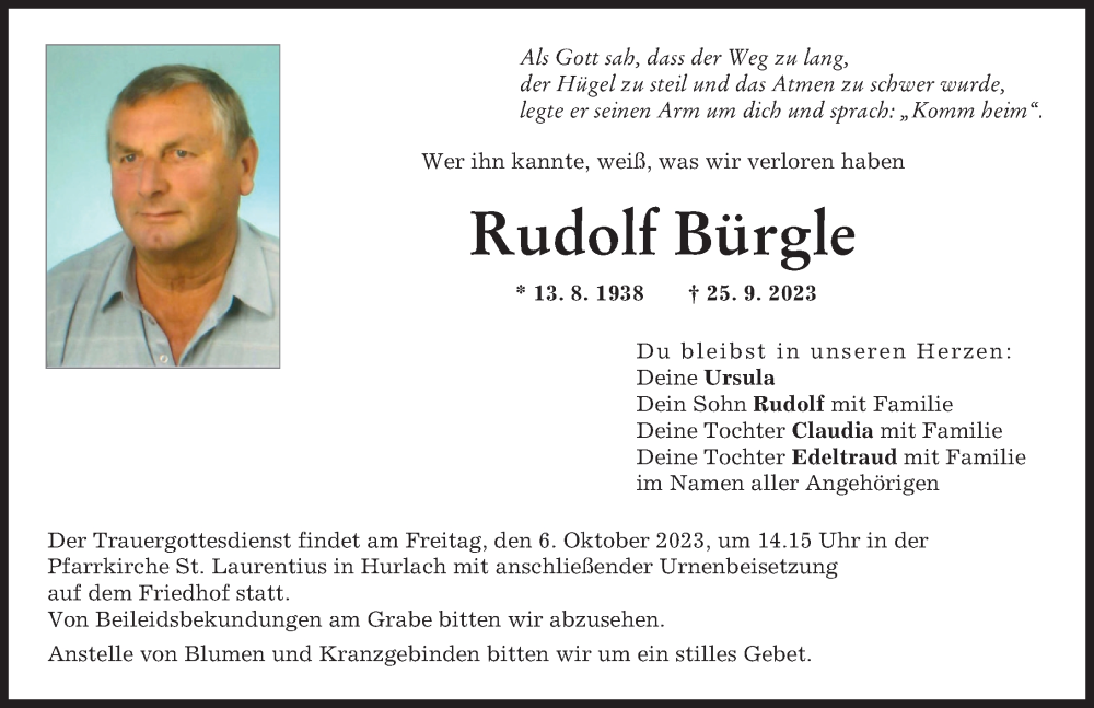  Traueranzeige für Rudolf Bürgle vom 02.10.2023 aus Landsberger Tagblatt, Schwabmünchner Allgemeine