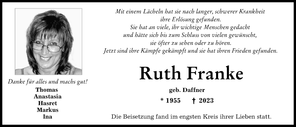 Traueranzeige von Ruth Franke von Landsberger Tagblatt