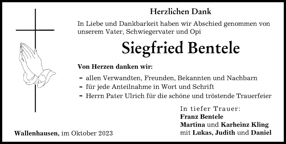  Traueranzeige für Siegfried Bentele vom 09.10.2023 aus Neu-Ulmer Zeitung