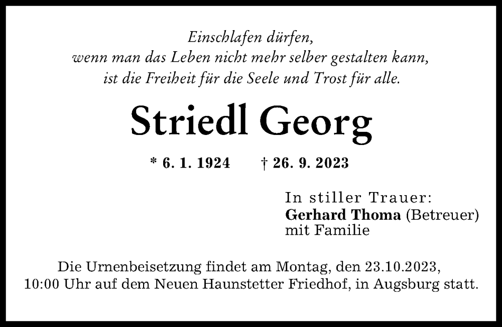 Traueranzeige von Striedl Georg von Augsburger Allgemeine