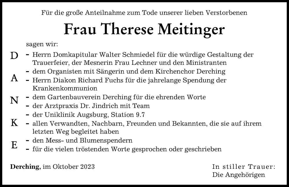  Traueranzeige für Therese Meitinger vom 07.10.2023 aus Friedberger Allgemeine, Augsburger Allgemeine