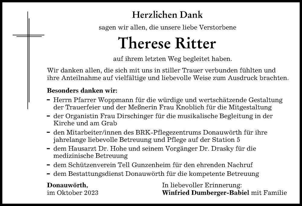 Traueranzeigen Von Therese Ritter Augsburger Allgemeine Zeitung
