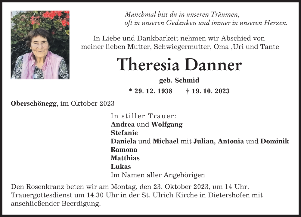 Traueranzeige von Theresia Danner von Illertisser Zeitung