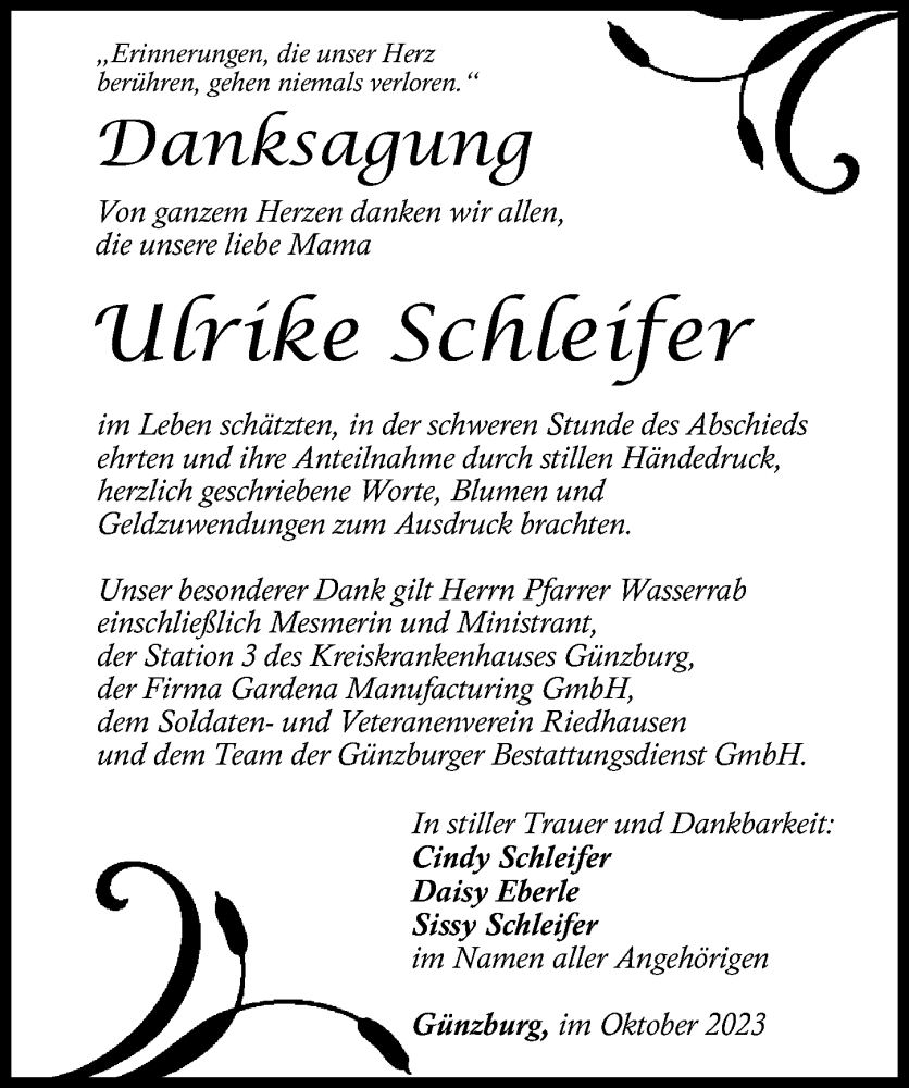 Traueranzeige von Ulrike Schleifer von Günzburger Zeitung