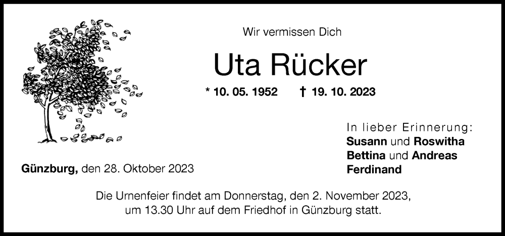  Traueranzeige für Uta Rücker vom 28.10.2023 aus Günzburger Zeitung