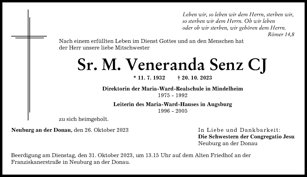 Traueranzeige von Veneranda Senz von Mindelheimer Zeitung, Augsburger Allgemeine
