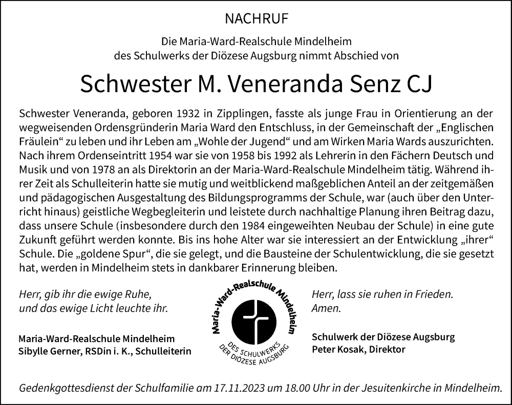 Traueranzeige von Veneranda Senz von Neuburger Rundschau, Mindelheimer Zeitung