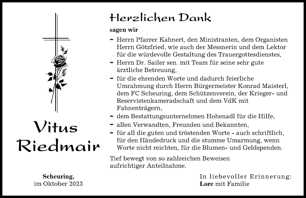  Traueranzeige für Vitus Riedmair vom 14.10.2023 aus Landsberger Tagblatt