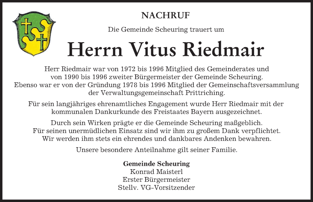  Traueranzeige für Vitus Riedmair vom 05.10.2023 aus Landsberger Tagblatt