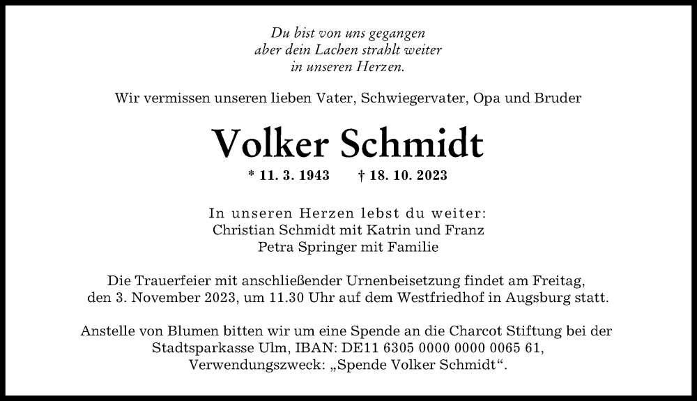 Traueranzeige von Volker Schmidt von Augsburger Allgemeine