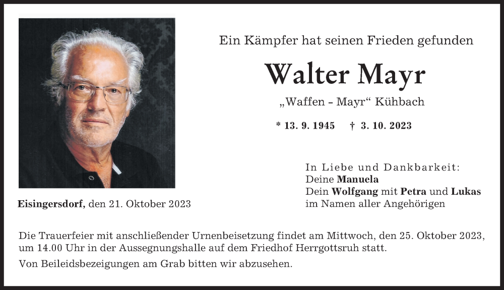 Traueranzeige von Walter Mayr von Friedberger Allgemeine, Augsburger Allgemeine, Aichacher Nachrichten