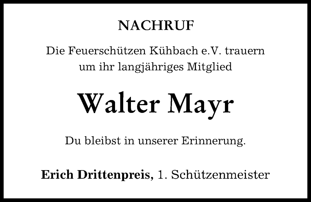 Traueranzeige von Walter Mayr von Aichacher Nachrichten