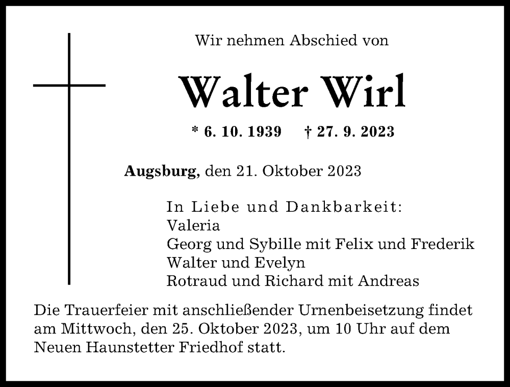 Traueranzeige von Walter Wirl von Augsburger Allgemeine