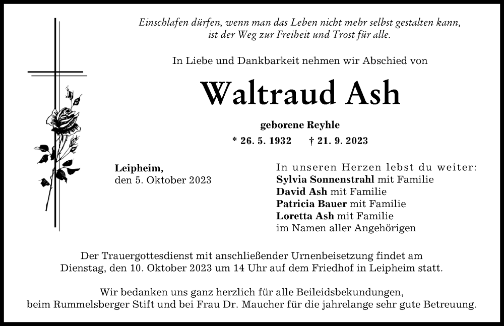 Traueranzeige von Waltraud Ash von Günzburger Zeitung