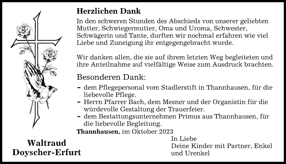  Traueranzeige für Waltraud Doyscher-Erfurt vom 13.10.2023 aus Mittelschwäbische Nachrichten