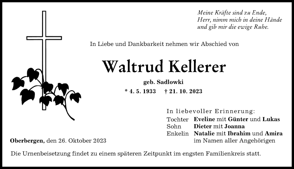 Traueranzeige von Waltrud Kellerer von Landsberger Tagblatt