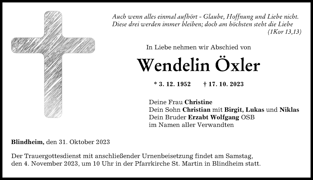  Traueranzeige für Wendelin Öxler vom 31.10.2023 aus Donau Zeitung