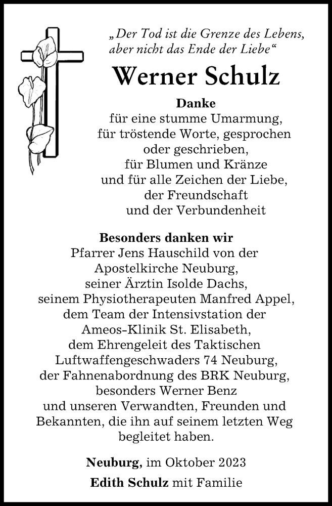  Traueranzeige für Werner Schulz vom 18.10.2023 aus Neuburger Rundschau