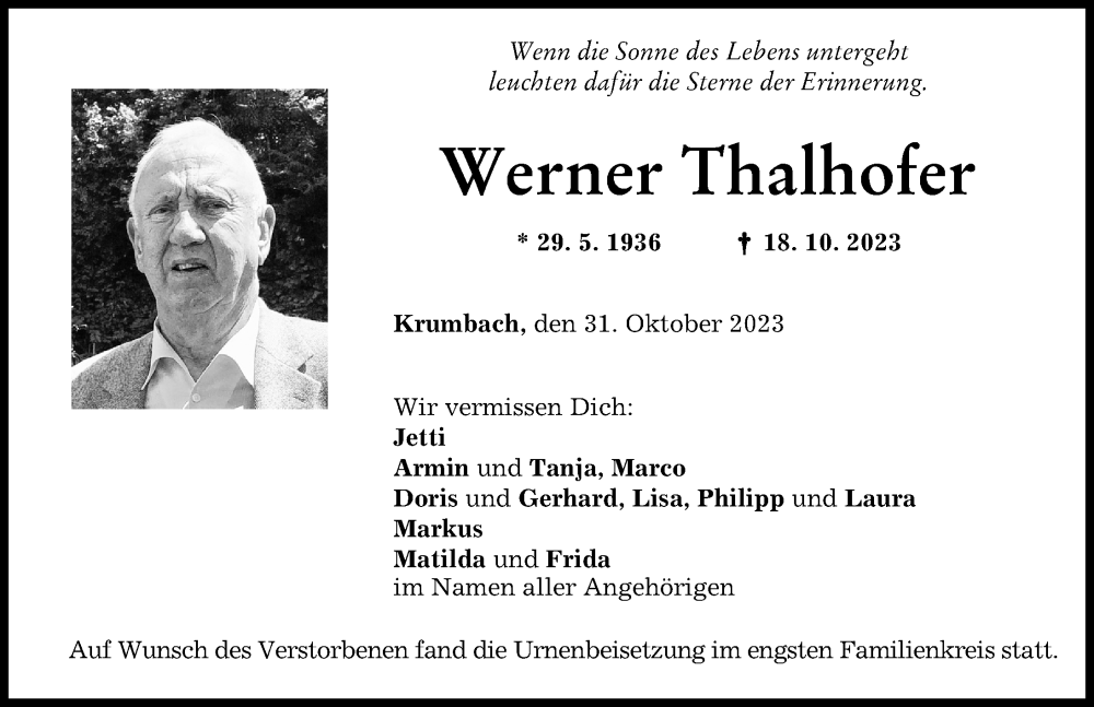 Traueranzeige von Werner Thalhofer von Mittelschwäbische Nachrichten