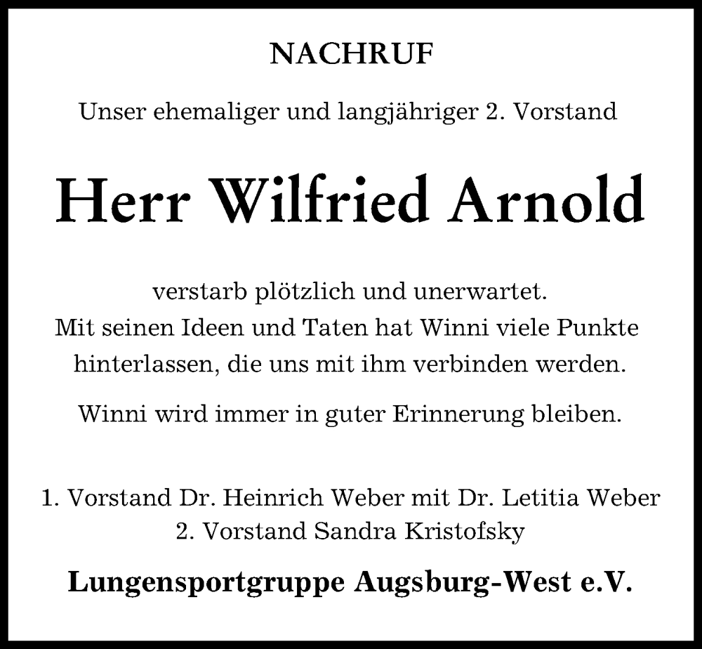 Traueranzeige von Wilfried Arnold von Augsburger Allgemeine