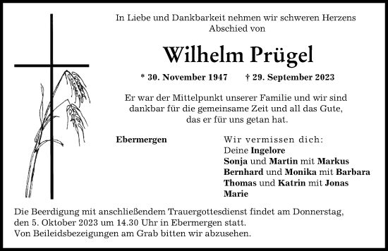 Traueranzeige von Wilhelm Prügel von Donauwörther Zeitung