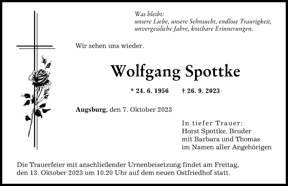 Traueranzeige von Wolfgang Spottke von Augsburger Allgemeine