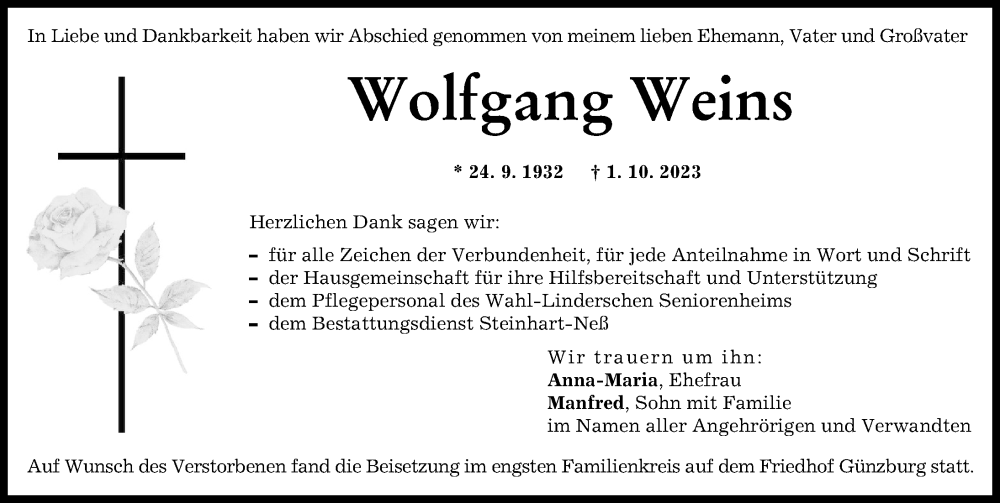 Traueranzeige von Wolfgang Weins von Günzburger Zeitung