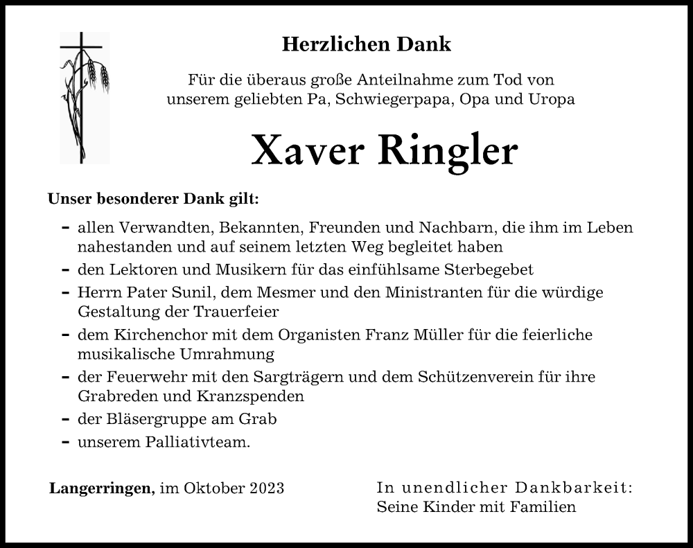  Traueranzeige für Xaver Ringler vom 06.10.2023 aus Schwabmünchner Allgemeine