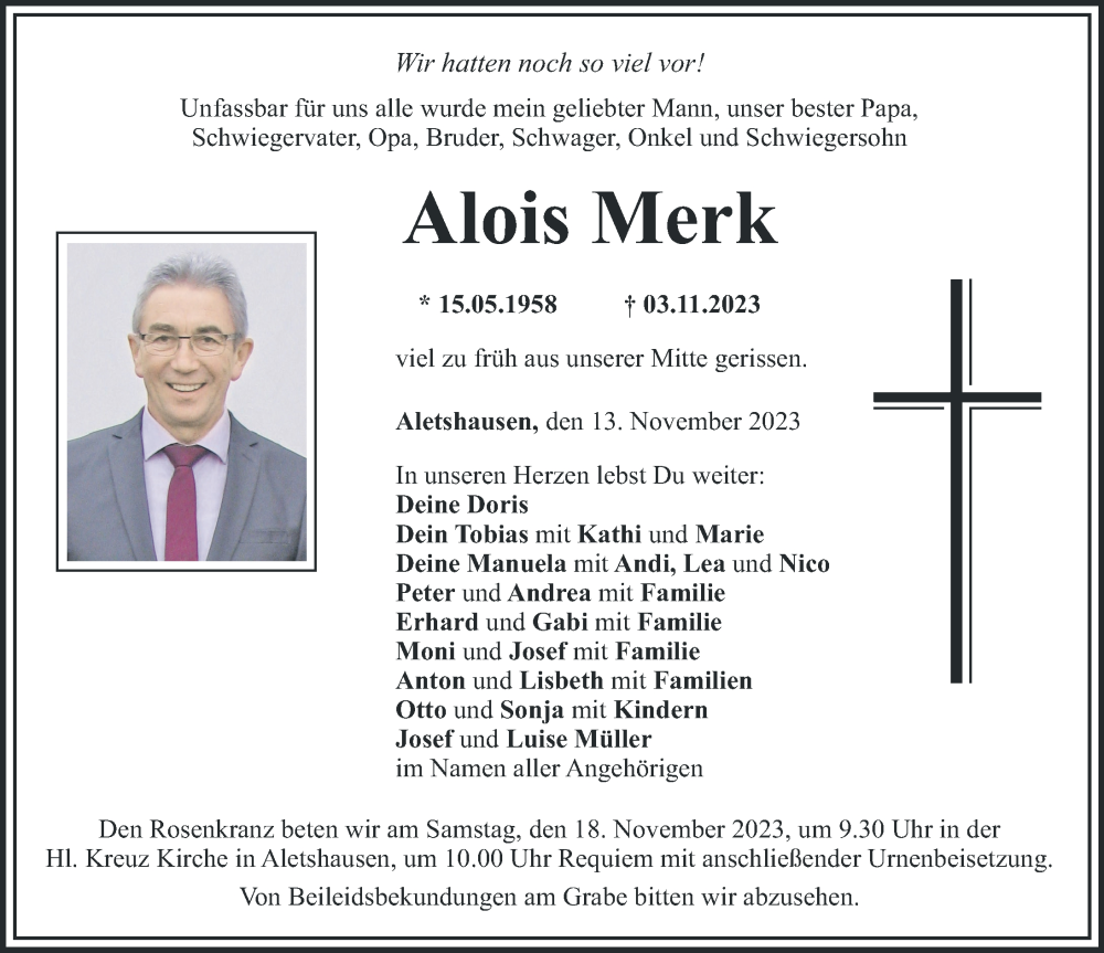 Traueranzeige von Alois Merk  von Mittelschwäbische Nachrichten