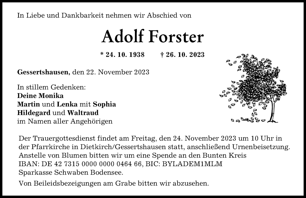 Traueranzeige von Adolf Forster von Augsburger Allgemeine
