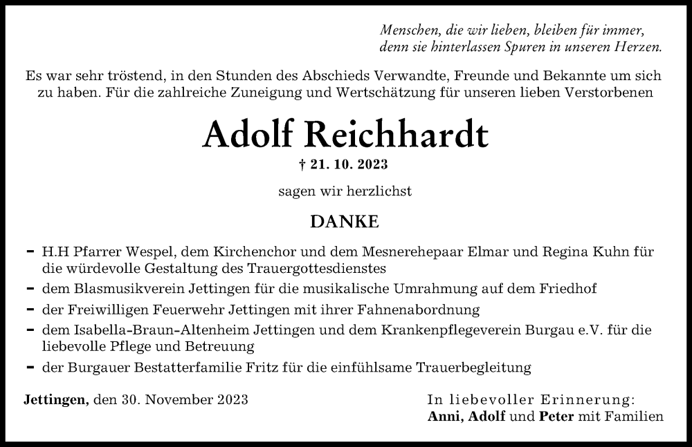 Traueranzeige von Adolf Reichhardt von Günzburger Zeitung