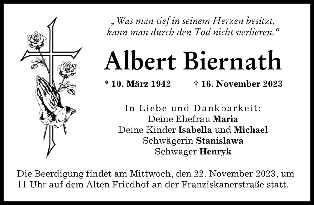  Traueranzeige für Albert Biernath vom 20.11.2023 aus Neuburger Rundschau