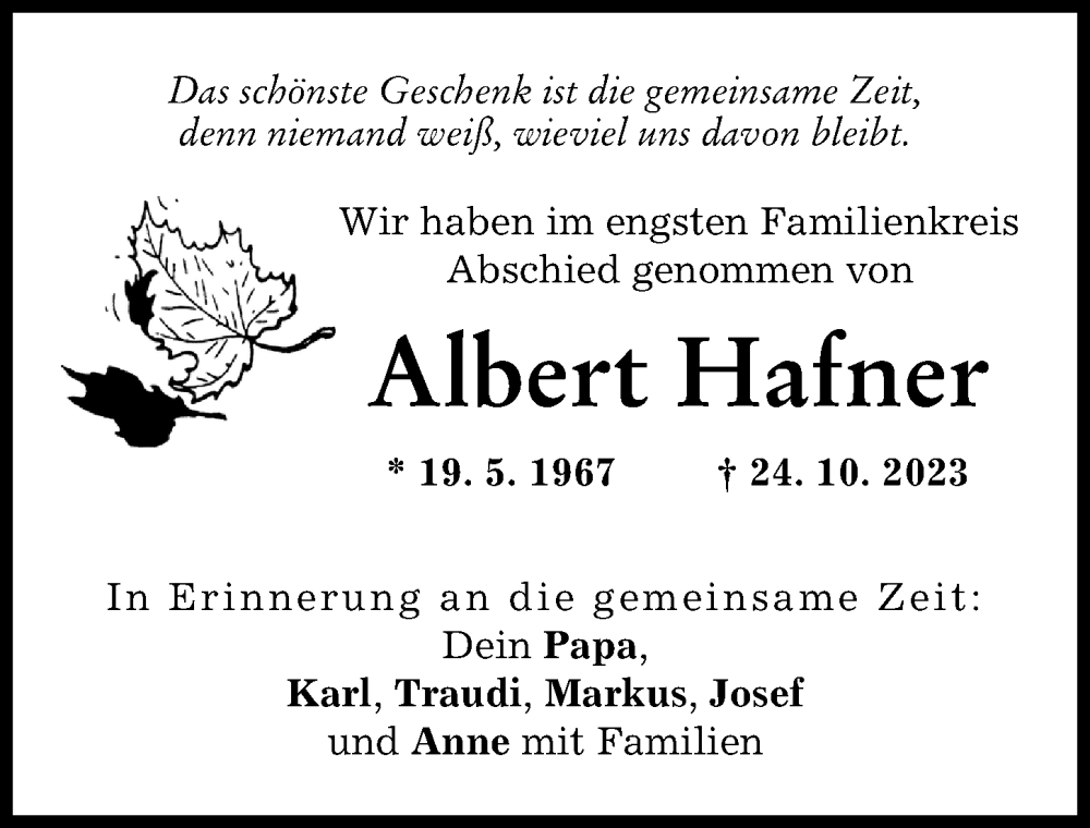 Traueranzeige von Albert Hafner von Augsburger Allgemeine